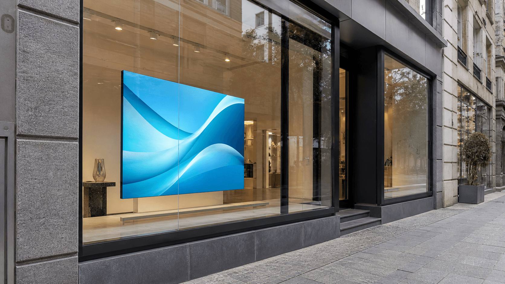 Klassiek LED scherm in een winkelraam — gesloten LED wall met blauw beeld in een luxe winkelstraat