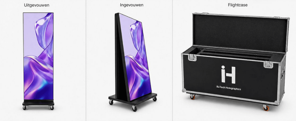 IlluSign uitgevouwen, ingevouwen en in flightcase — klaar voor transport
